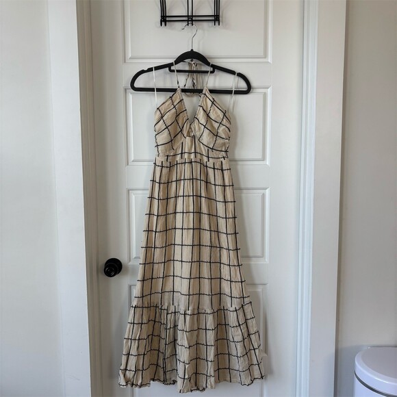 MNG Mango Dress Womens XS Ivory Black Plaid Halter Midi Ruffle Hem - Picture 2 of 4